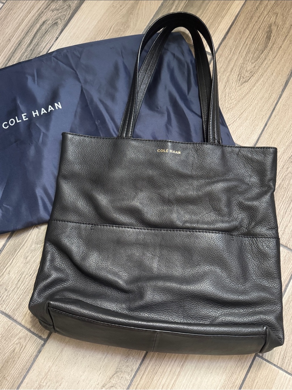 Cole Haan Black Leather Tote with Gold Logo